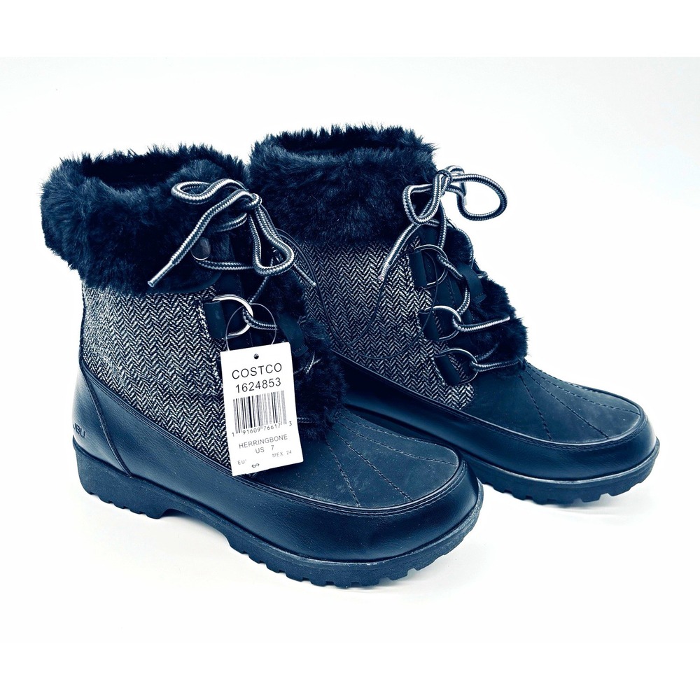 JBU Herringbone Black Gray Faux Fur Lined Lace Up Ankle Snow Boot US 6